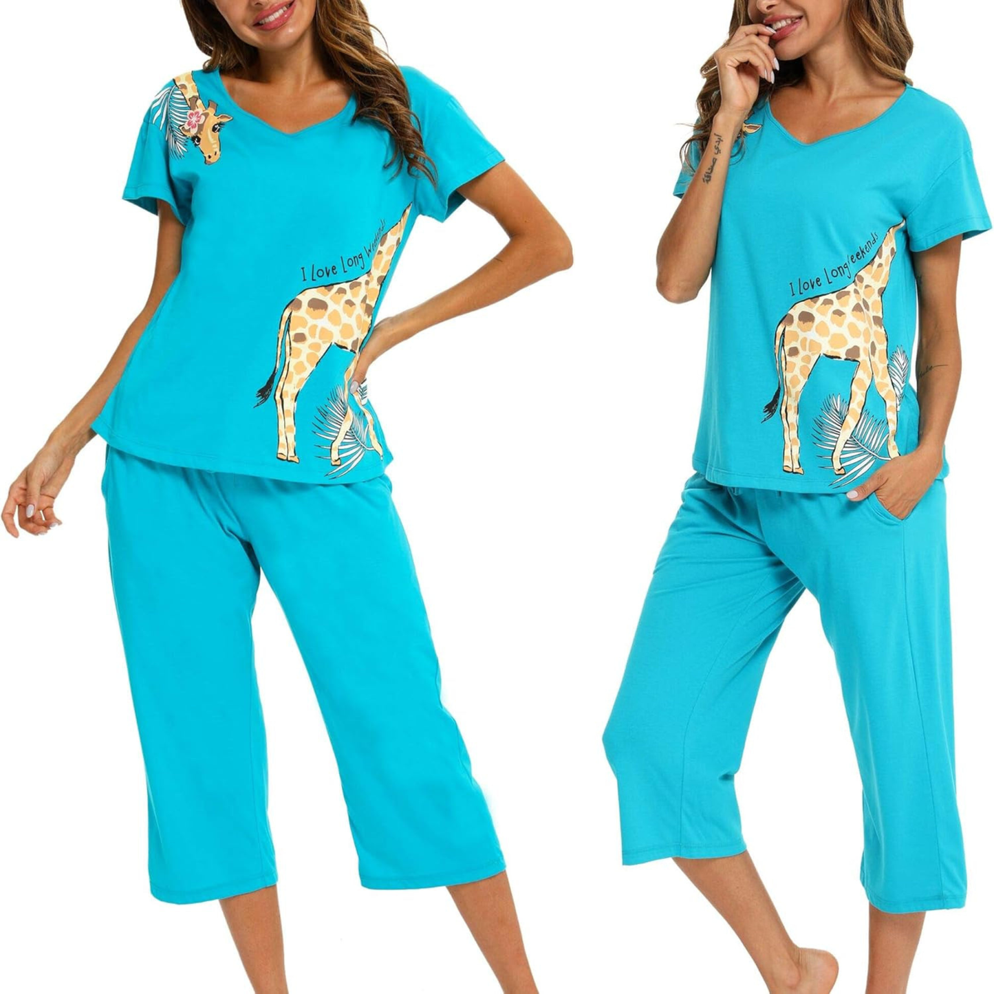 Women’s Cotton Blend Pajama Set – Short Sleeve V-Neck Top & Capri Pants