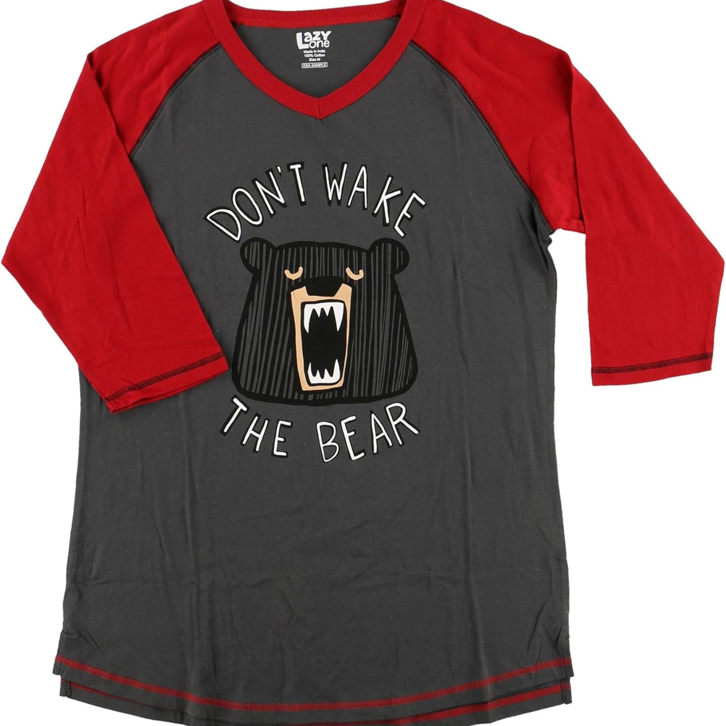 Gray and red long-sleeve shirt with bear graphic and text 'Don't Wake the Bear' on a white background