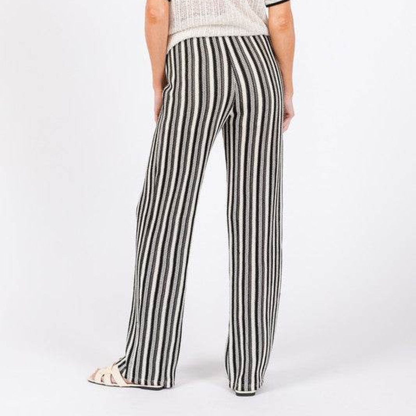 Women's High-Waisted Striped Knit Pants – See-Through Textured Straight Leg with Lining