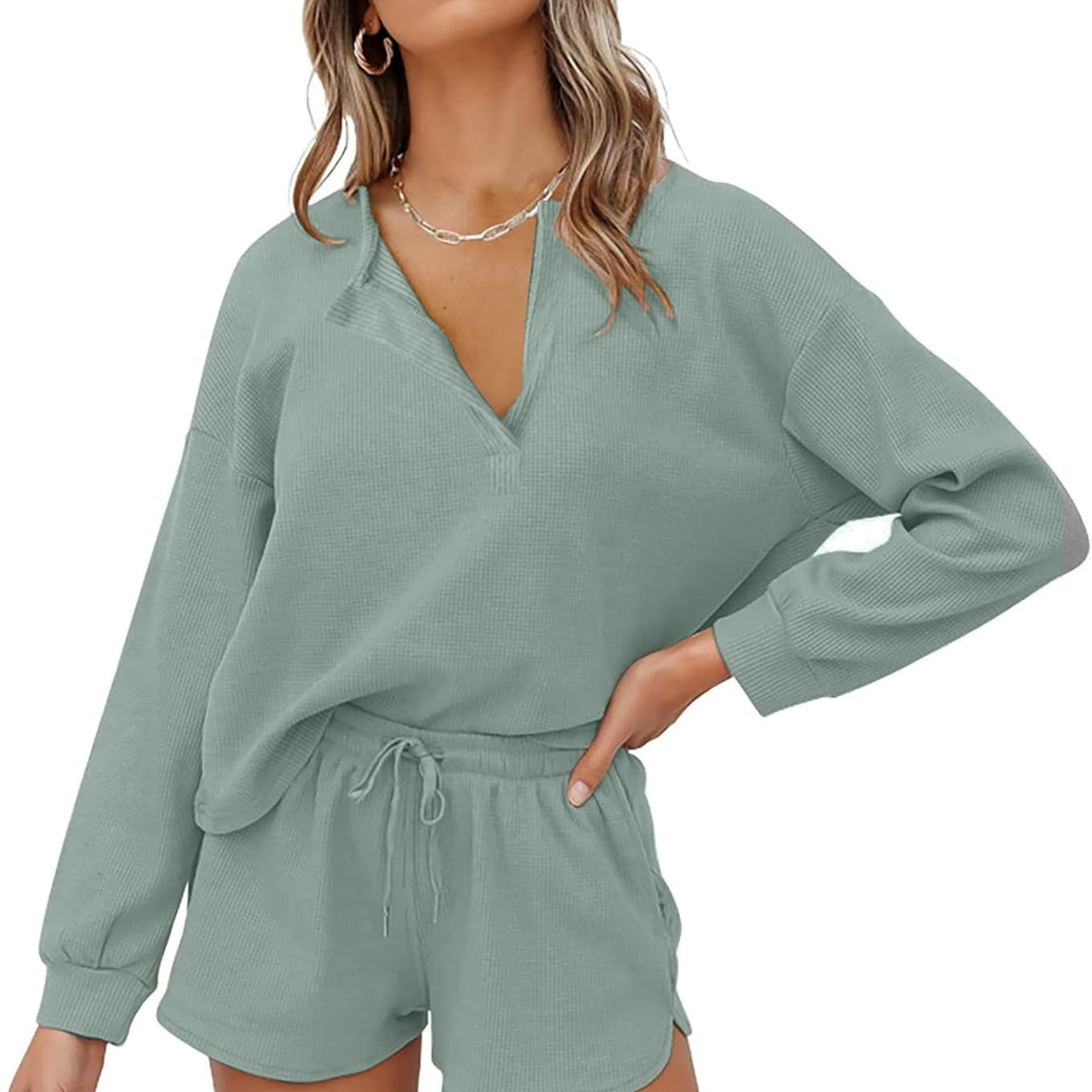 Women's 2-Piece Lounge Set – Oversized Long Sleeve Sweatshirt & High-Waist Shorts