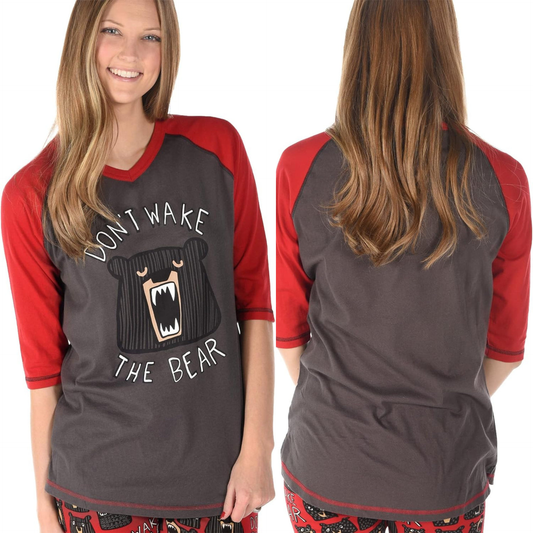 Person wearing a gray and red shirt with 'Don't Wake the Bear' design, front and back views.
