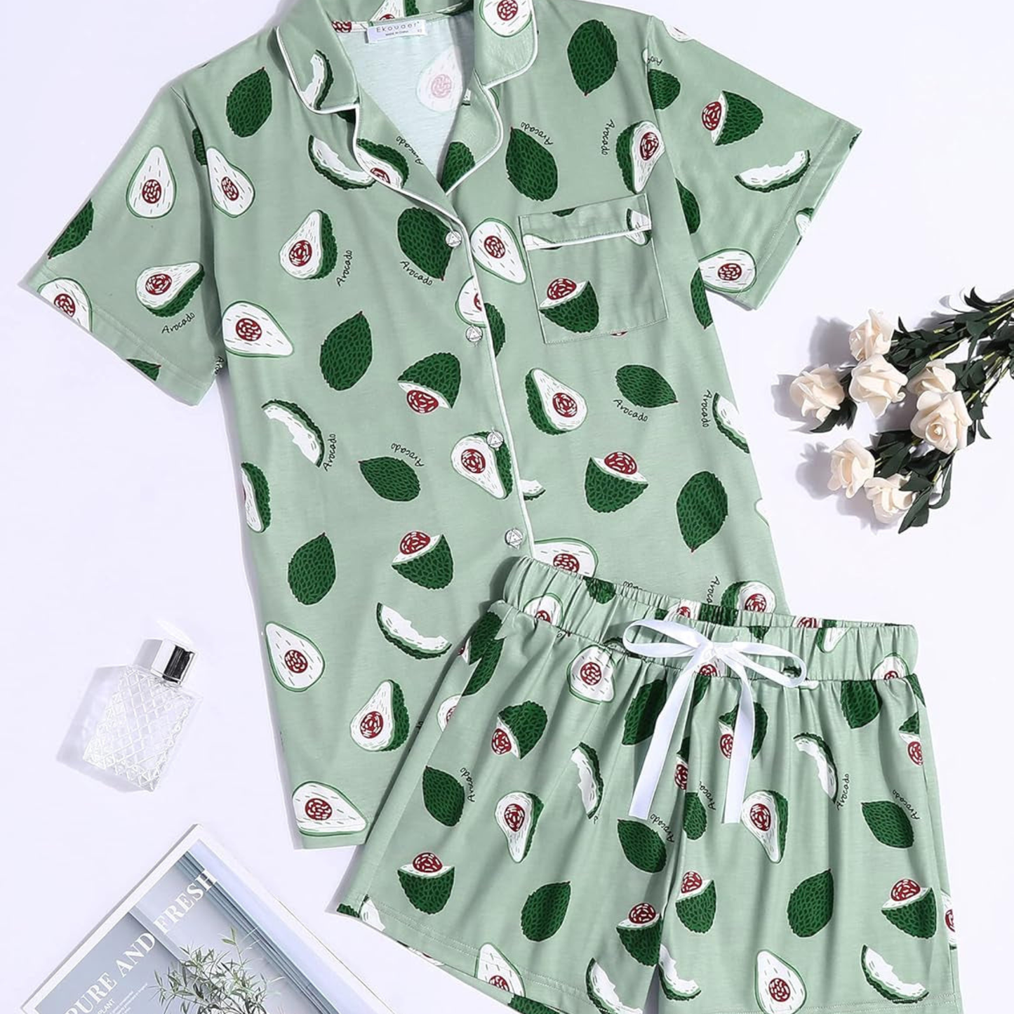 Women's Avocado Print Button-Down Pajama Set