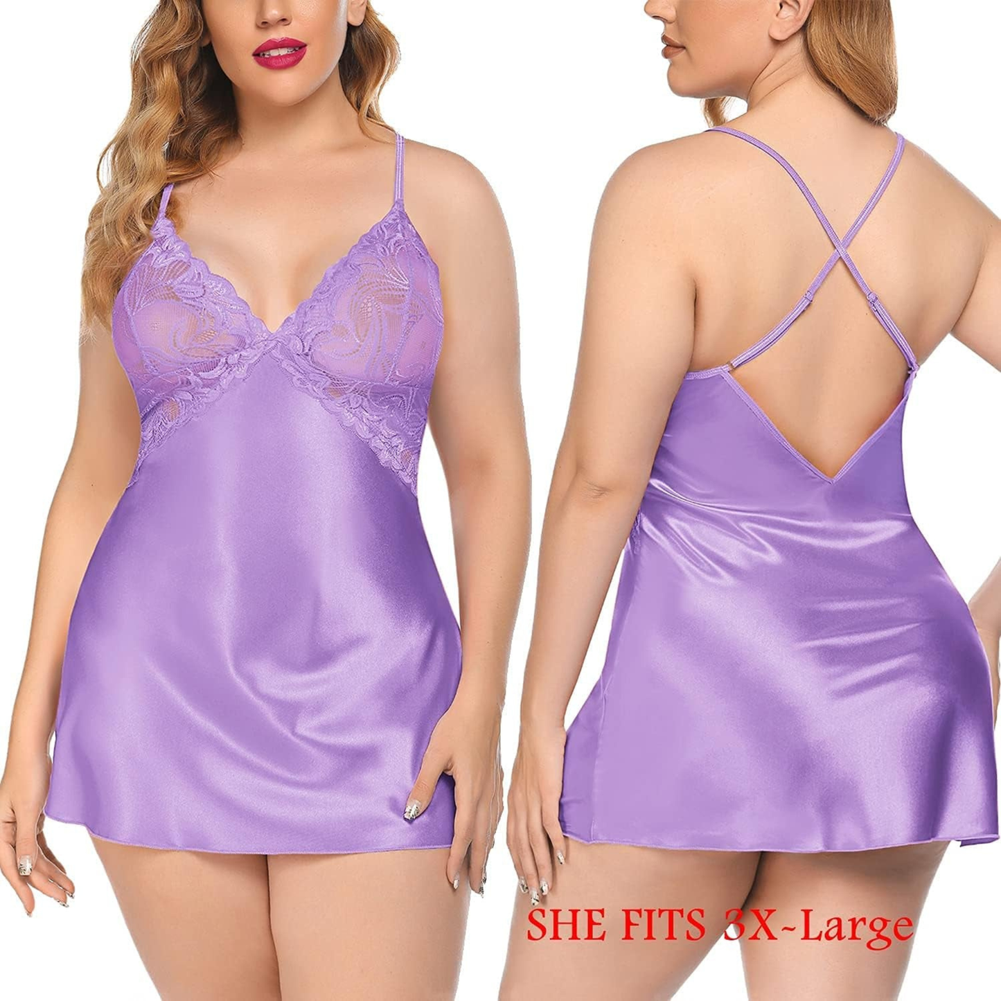 Sexy Lilac Satin Chemise & Sheer Lace Babydoll
