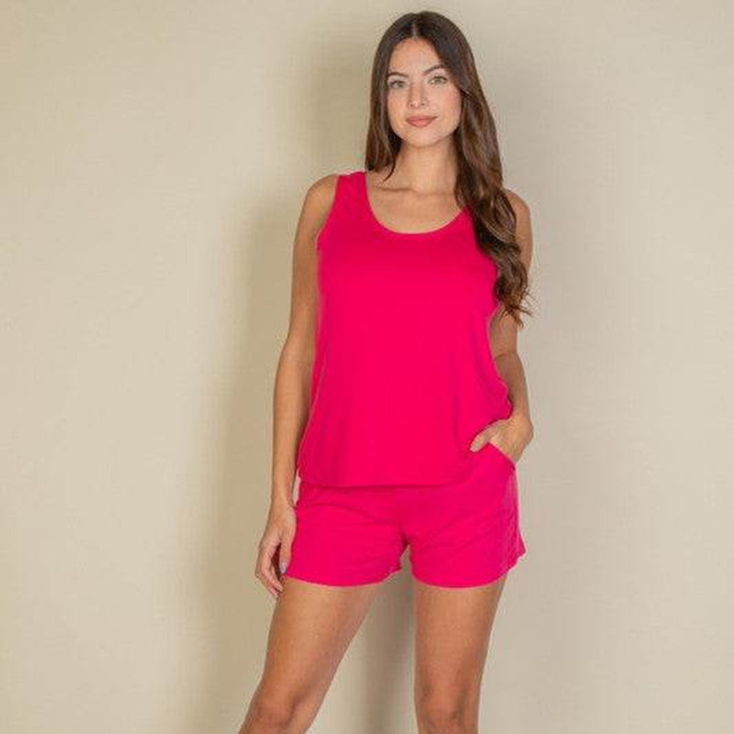 Women’s 2-Piece Lounge Set – Scoop Neck Tank Top & Mini Shorts with Pockets