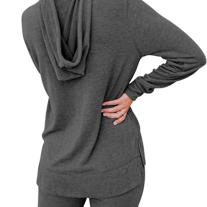 Gray hoodie with a cowl neck and long sleeves on a white background