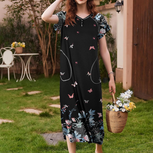 Women's Full Length Maxi Nightgown – Short Sleeve V-Neck Sleep Shirt with Pockets