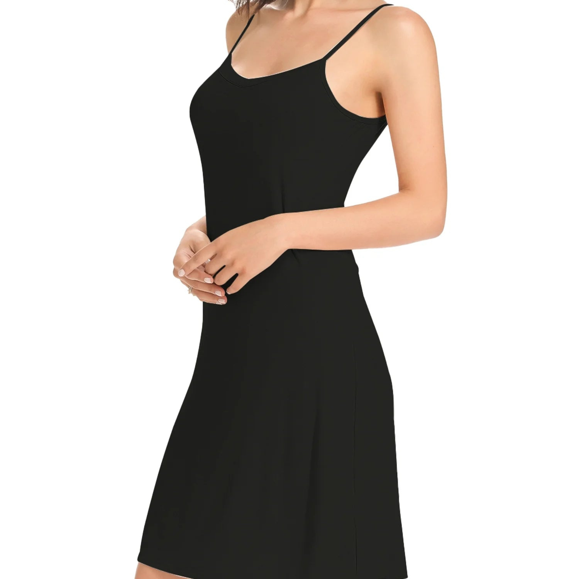 Black sleeveless dress worn by a person on a white background