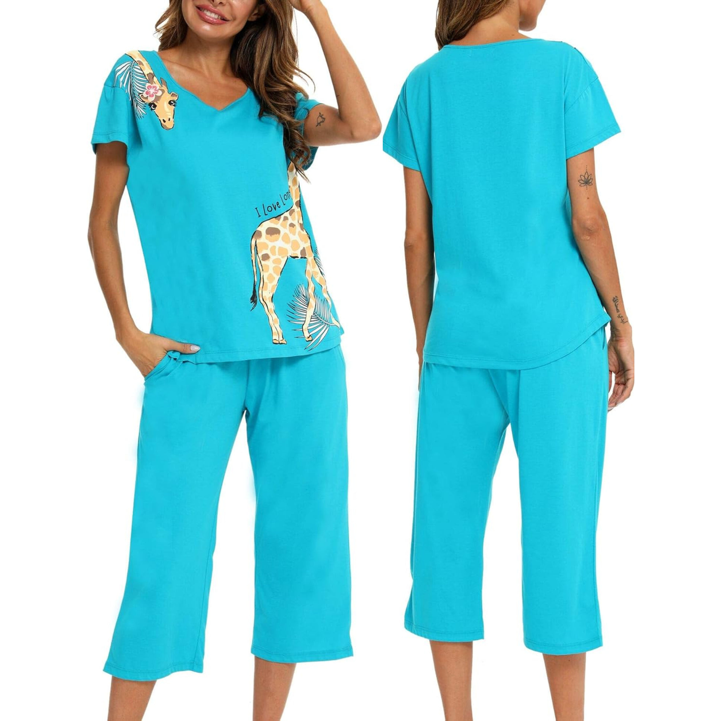 Women’s Cotton Blend Pajama Set – Short Sleeve V-Neck Top & Capri Pants