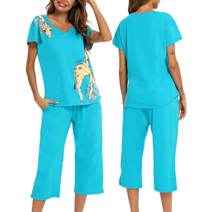 Women’s Cotton Blend Pajama Set – Short Sleeve V-Neck Top & Capri Pants