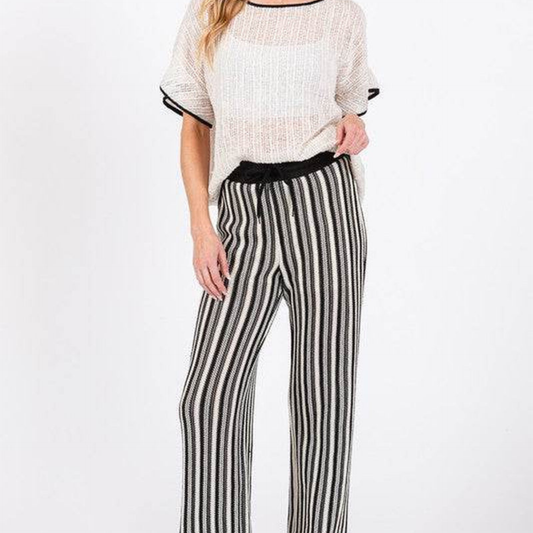 Women's High-Waisted Striped Knit Pants – See-Through Textured Straight Leg with Lining
