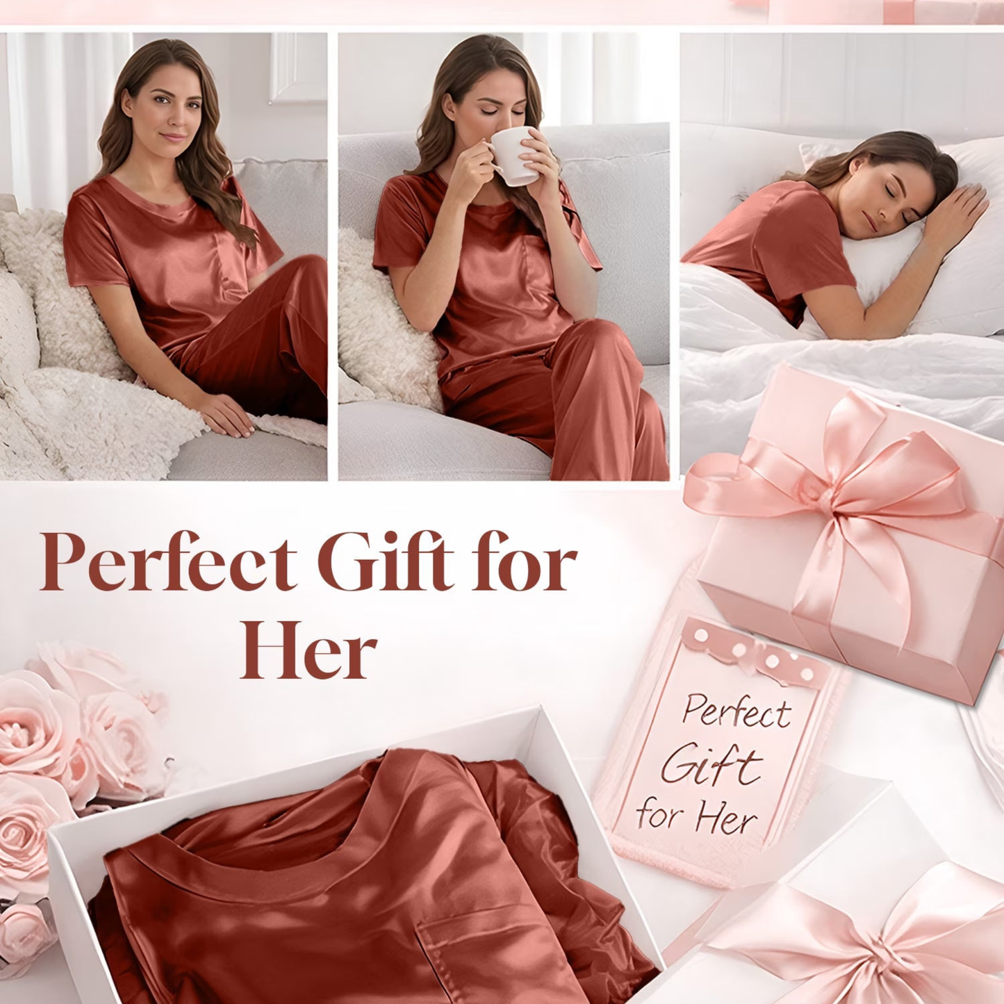 Women’s Satin Silk Pajama Set – Short Sleeve Tee & Wide Leg Pants