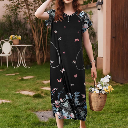 Women's Full Length Maxi Nightgown – Short Sleeve V-Neck Sleep Shirt with Pockets