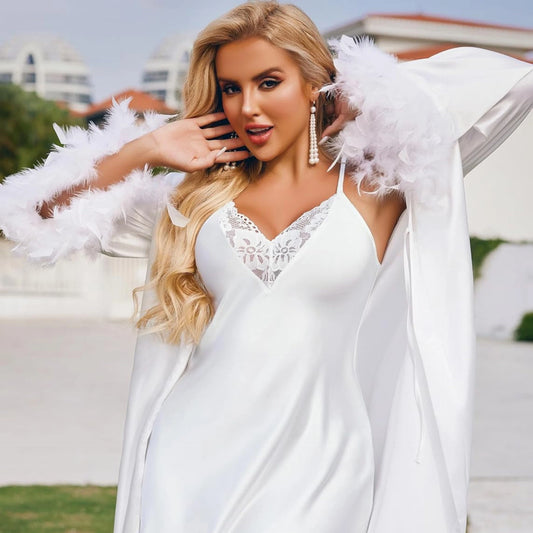 Women's White Satin Wedding Nightgown with Lace