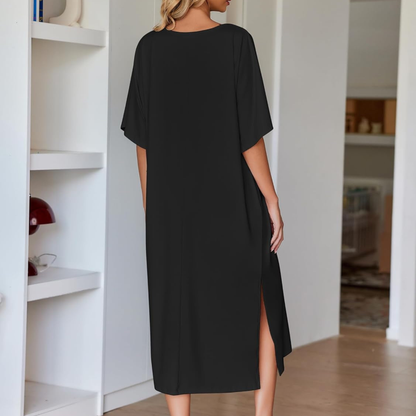 Women's Oversized Maxi Nightgown – Half Sleeve Loungewear Dress with Pockets