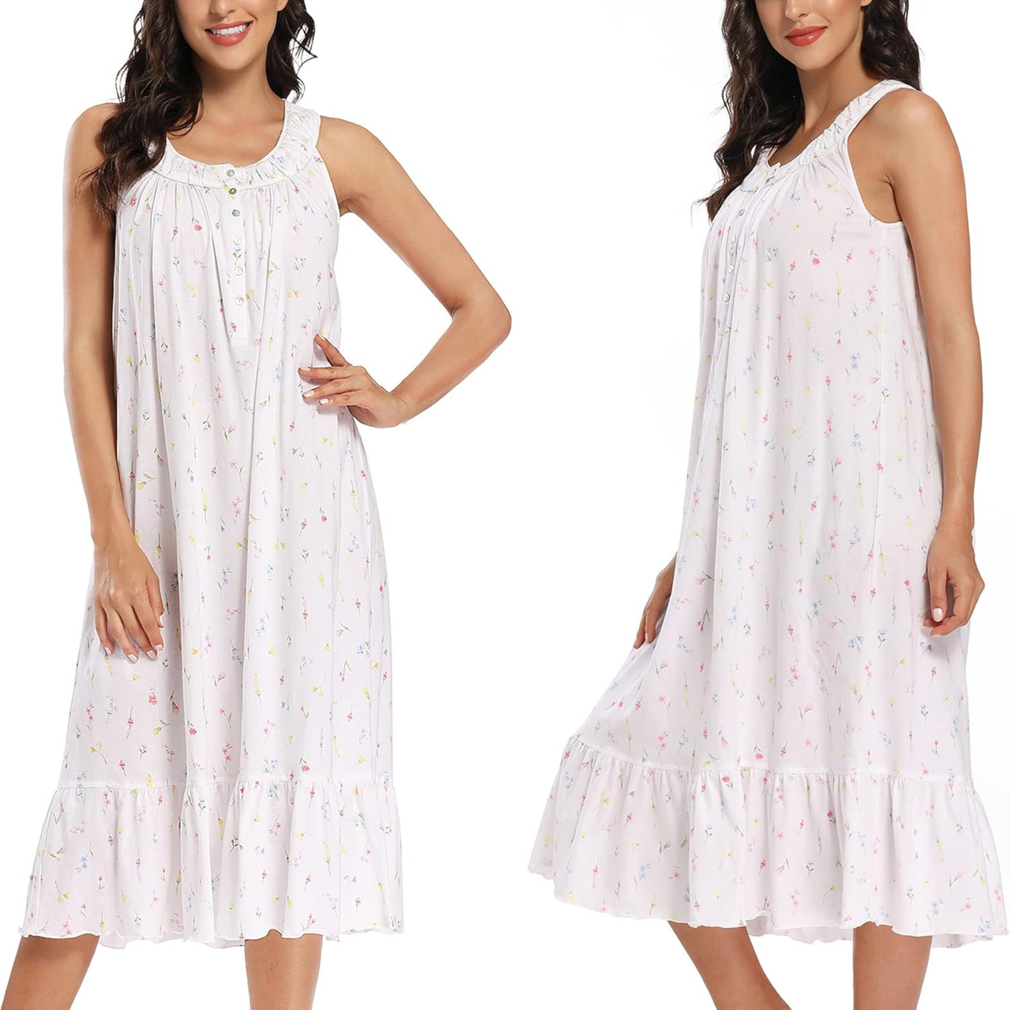 White dress with floral pattern worn by a model on a white background
