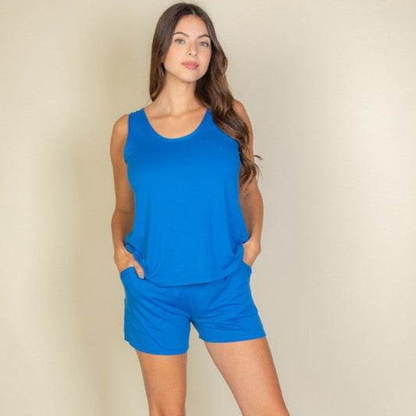 Women’s 2-Piece Lounge Set – Scoop Neck Tank Top & Mini Shorts with Pockets