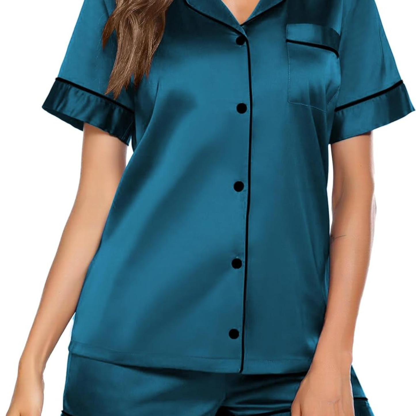Teal pajama set with black trim on a white background