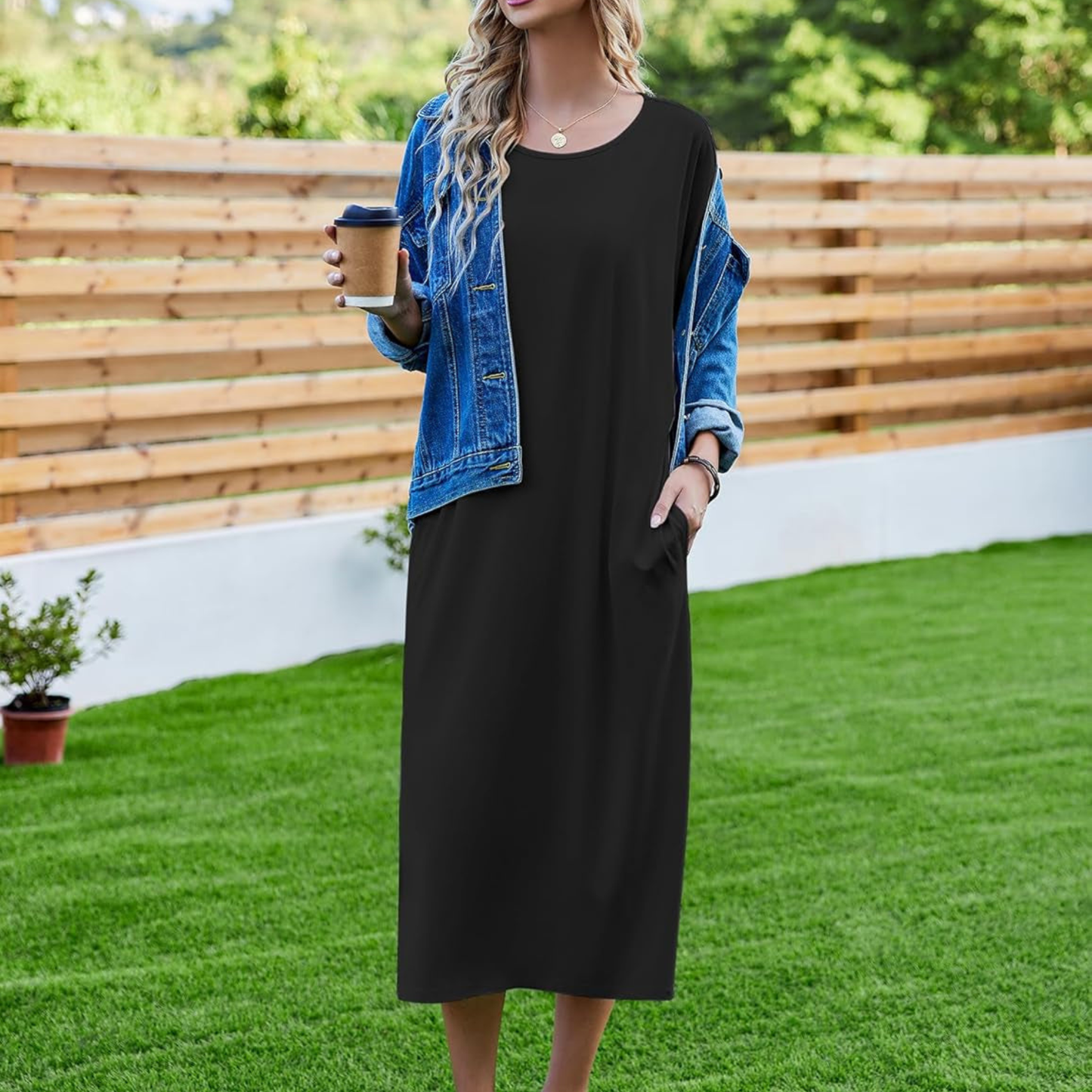 Women's Oversized Maxi Nightgown – Half Sleeve Loungewear Dress with Pockets