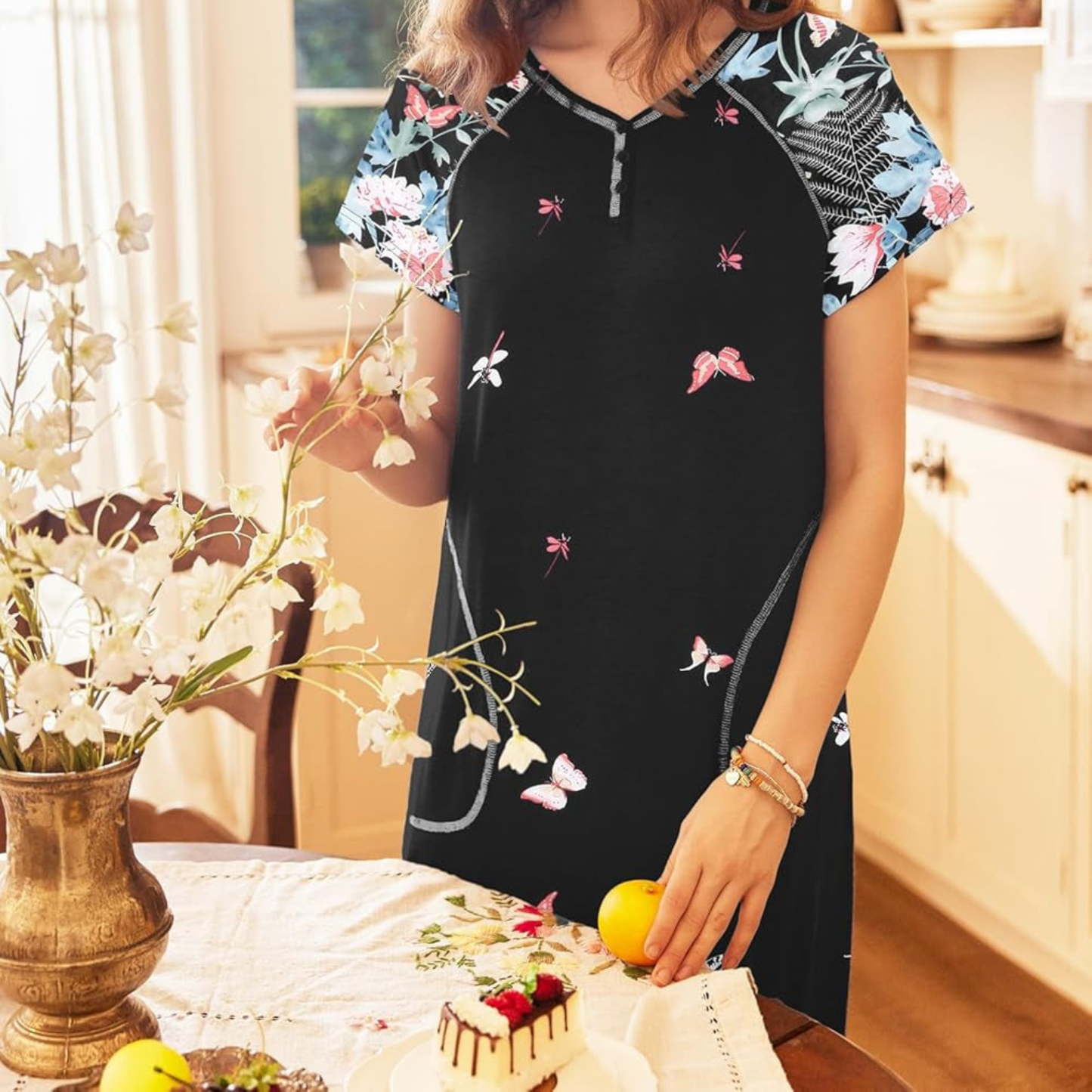Women's Full Length Maxi Nightgown – Short Sleeve V-Neck Sleep Shirt with Pockets