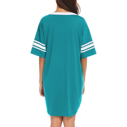 Teal dress with white stripes on sleeves on a white background