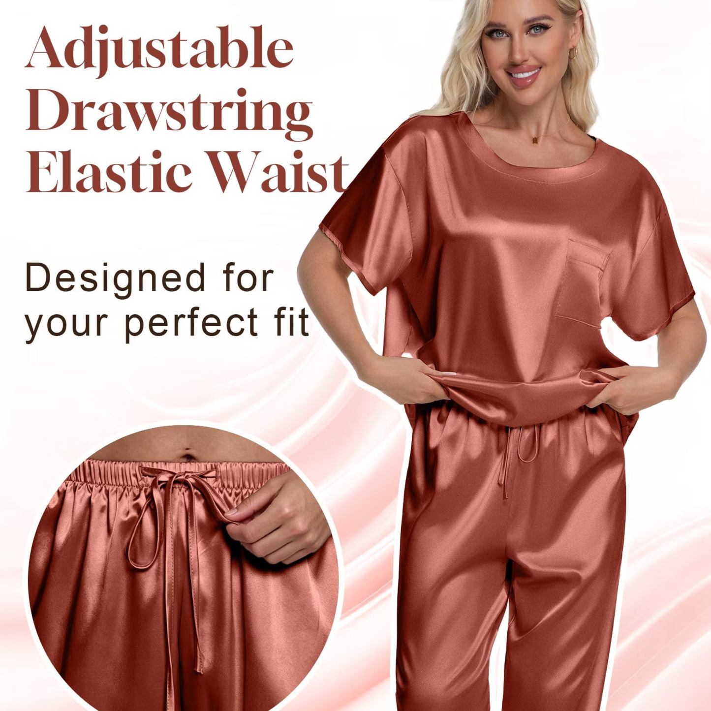 Women’s Satin Silk Pajama Set – Short Sleeve Tee & Wide Leg Pants