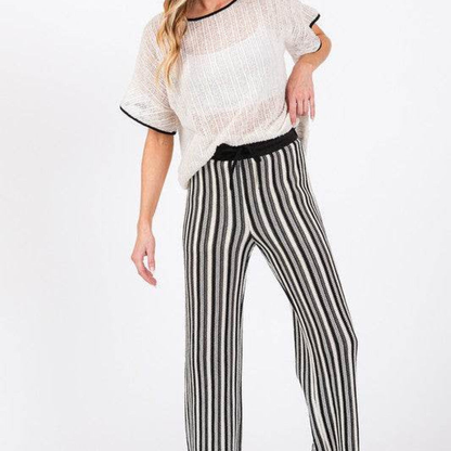 Women's High-Waisted Striped Knit Pants – See-Through Textured Straight Leg with Lining