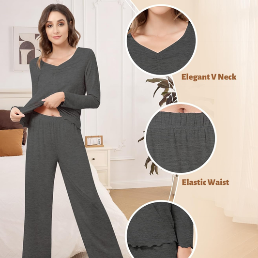 Woman wearing a dark gray loungewear set with close-up details on a neutral background