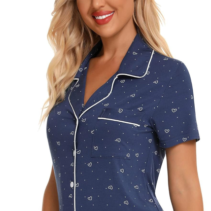 Women's Short Sleeve Pajama Set – Button Down Sleepwear with Printed Shorts