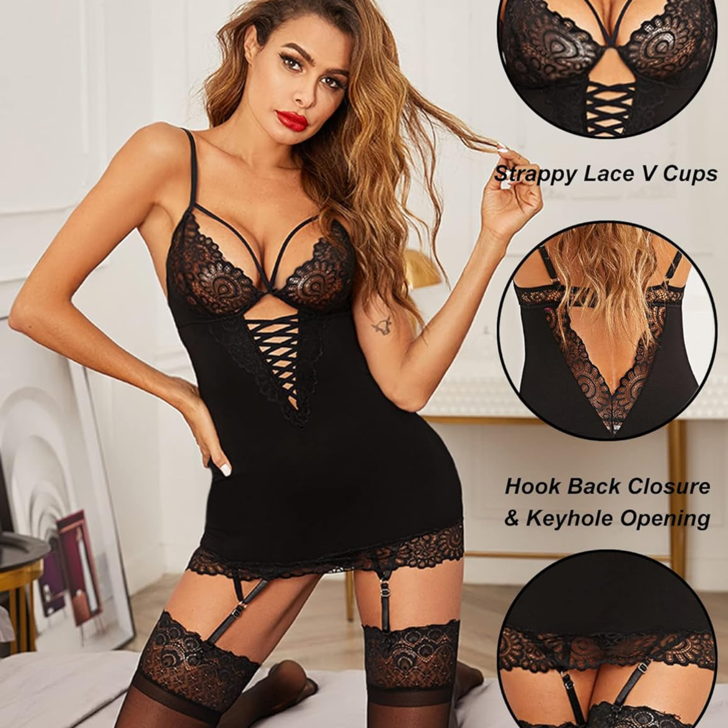 Women's Garter Lingerie Set – Lace Babydoll Chemise Sleepwear with G-String