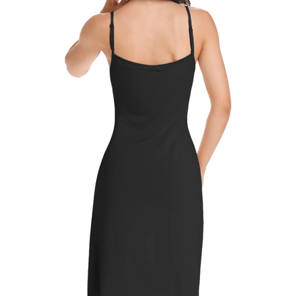 Black slip dress on a white background