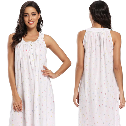 Woman wearing a white sleeveless dress with a floral pattern on a white background