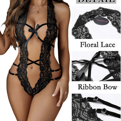 Women’s Lace Halter Lingerie – Deep V One-Piece Bodysuit – Black
