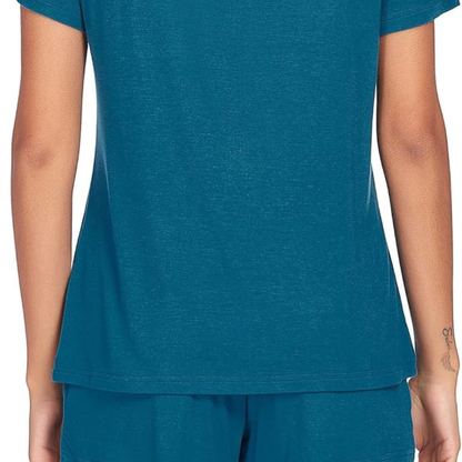 Person wearing a teal t-shirt and pants on a white background