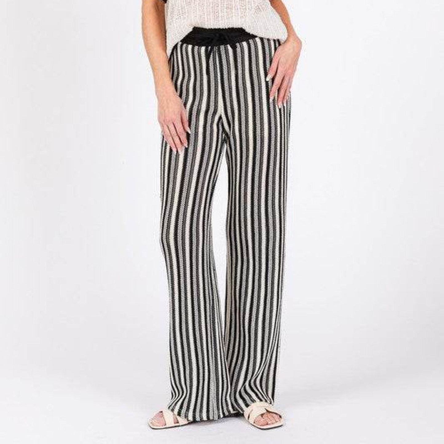 Women's High-Waisted Striped Knit Pants – See-Through Textured Straight Leg with Lining