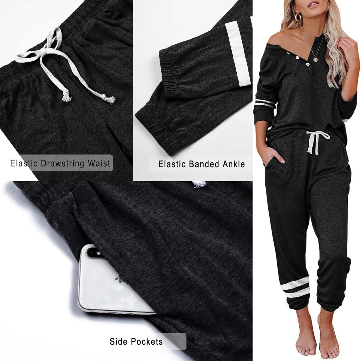 Women's 2-Piece Lounge Set – Button V-Neck Pullover & Drawstring Joggers