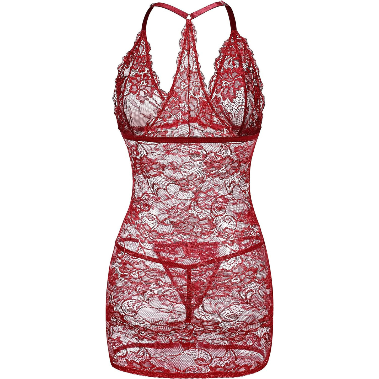 Women’s Lace Lingerie Chemise – Deep V-Neck Teddy Dress with G-String