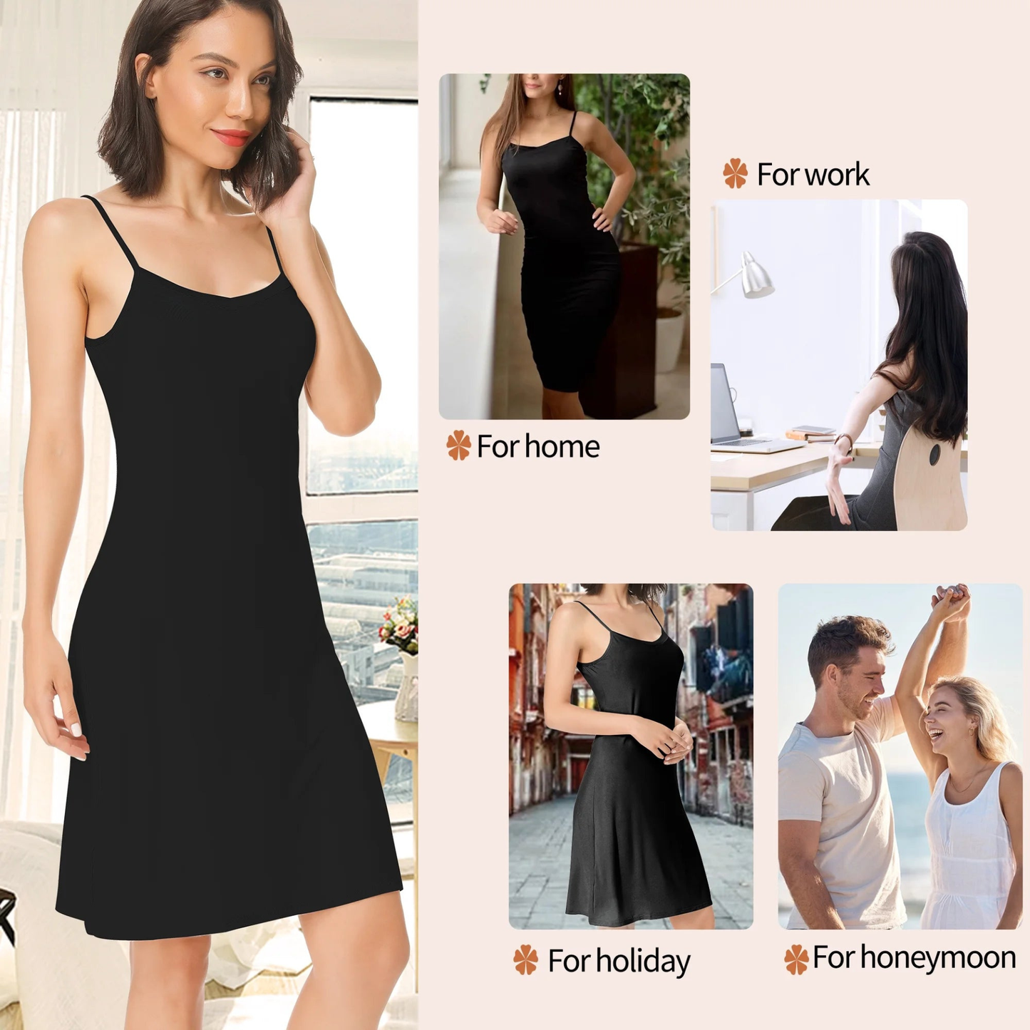 Black dress shown in various settings with text indicating use cases.