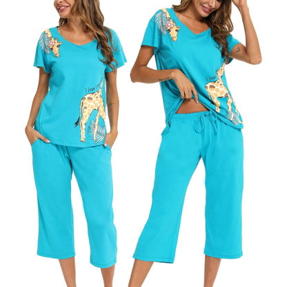 Women’s Cotton Blend Pajama Set – Short Sleeve V-Neck Top & Capri Pants