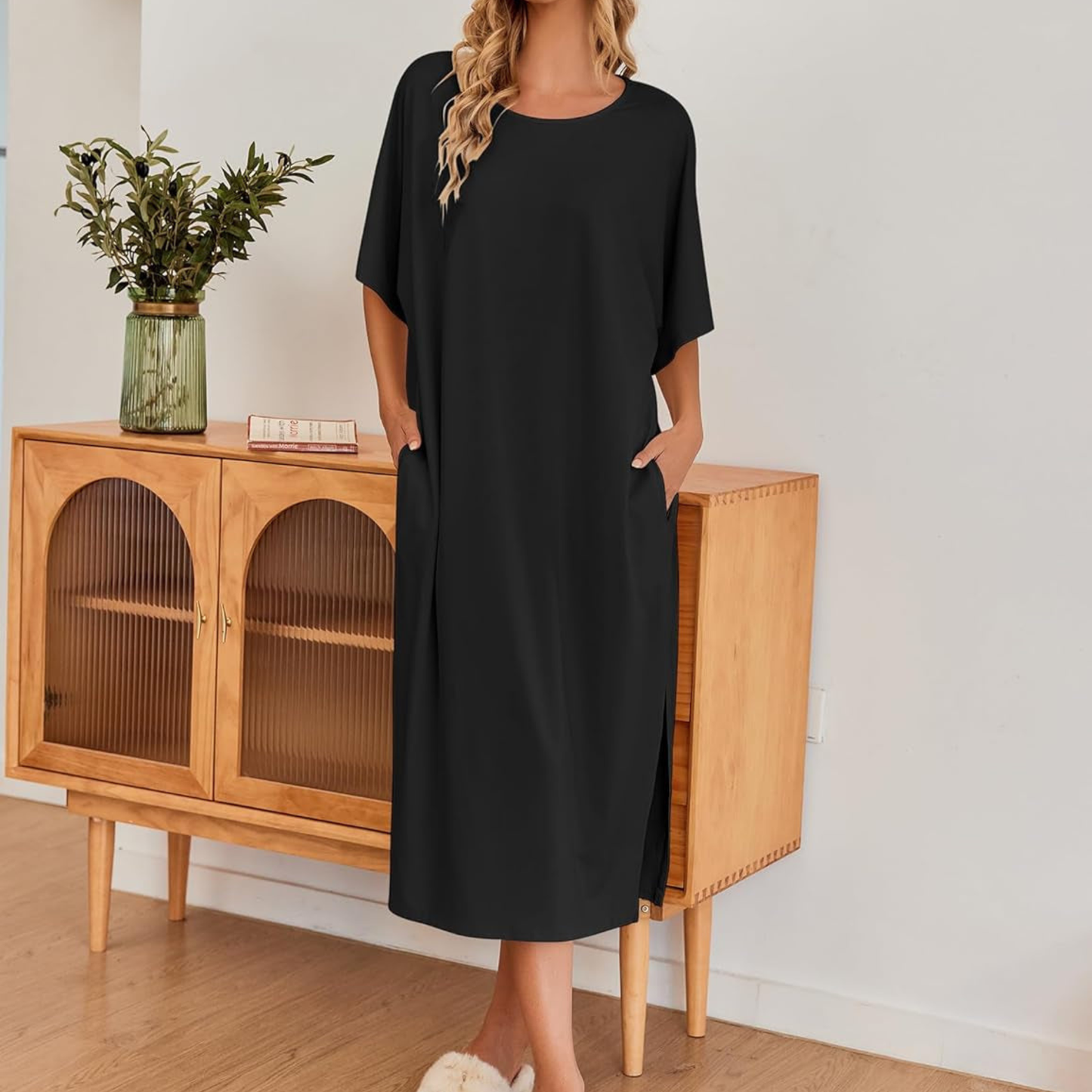 Women's Oversized Maxi Nightgown – Half Sleeve Loungewear Dress with Pockets