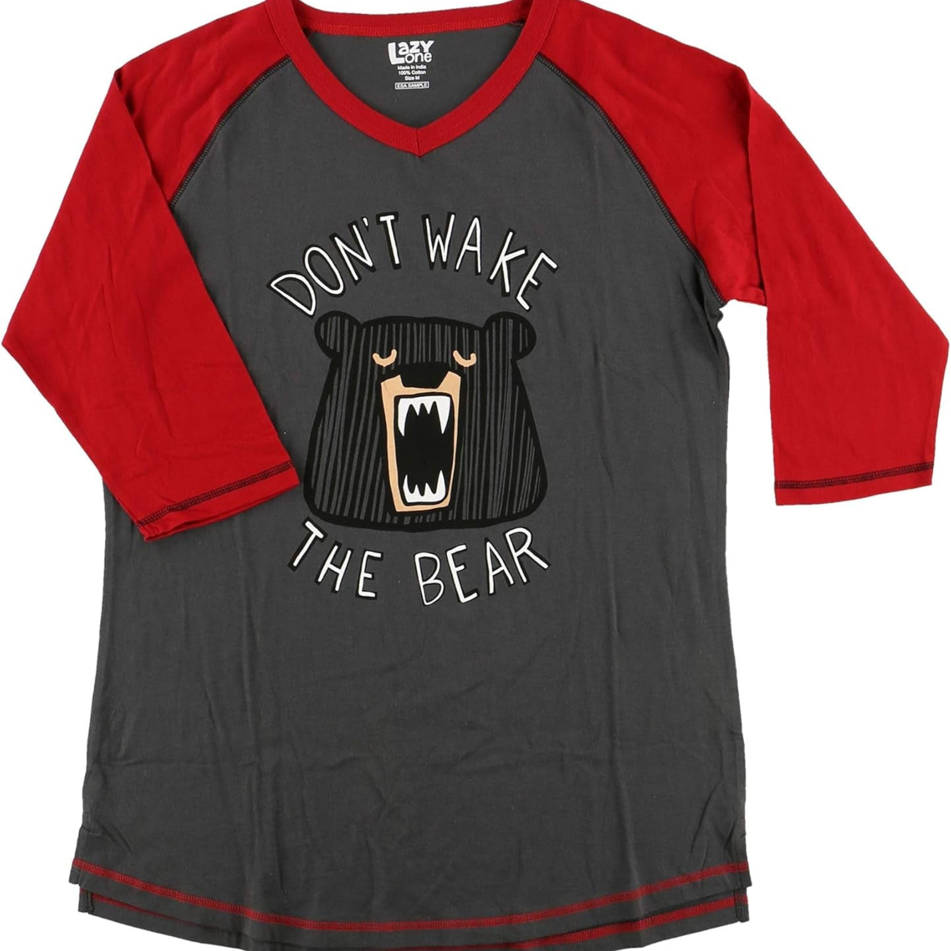 Gray and red long-sleeve shirt with bear graphic and text 'Don't Wake the Bear' on a white background
