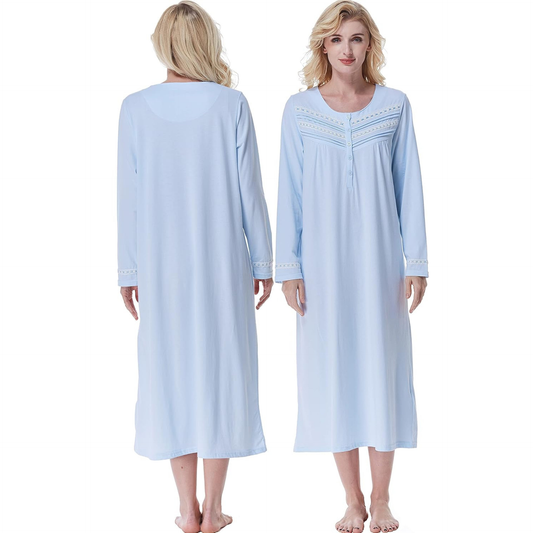 Women’s 100% Cotton Knit Nightgown – Long Sleeve Pintuck Sleep Dress