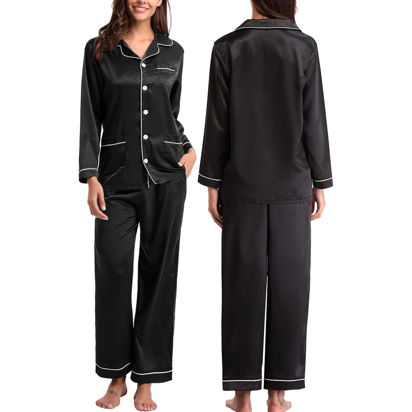 Women’s Satin Silk Pajama Set – Long Sleeve Button Down & Pants
