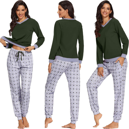 Women's Long Sleeve V-Neck Jogger Pajama Set