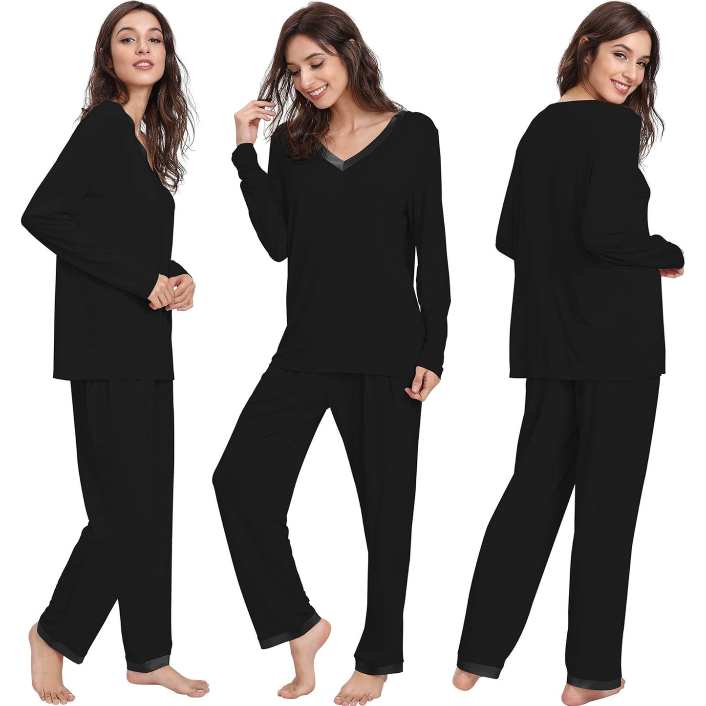 Woman modeling a black pajama set from front, side, and back views on a white background.