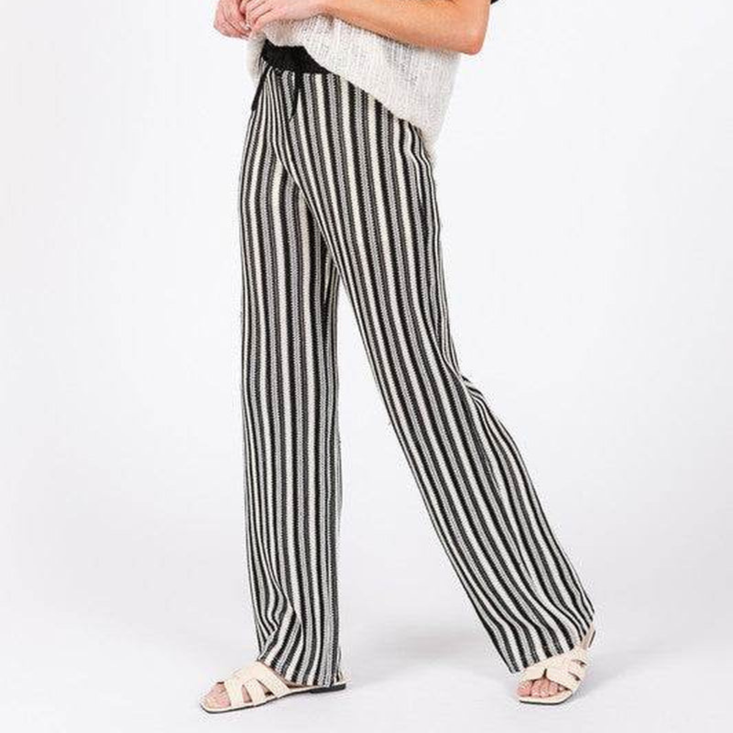 Women's High-Waisted Striped Knit Pants – See-Through Textured Straight Leg with Lining
