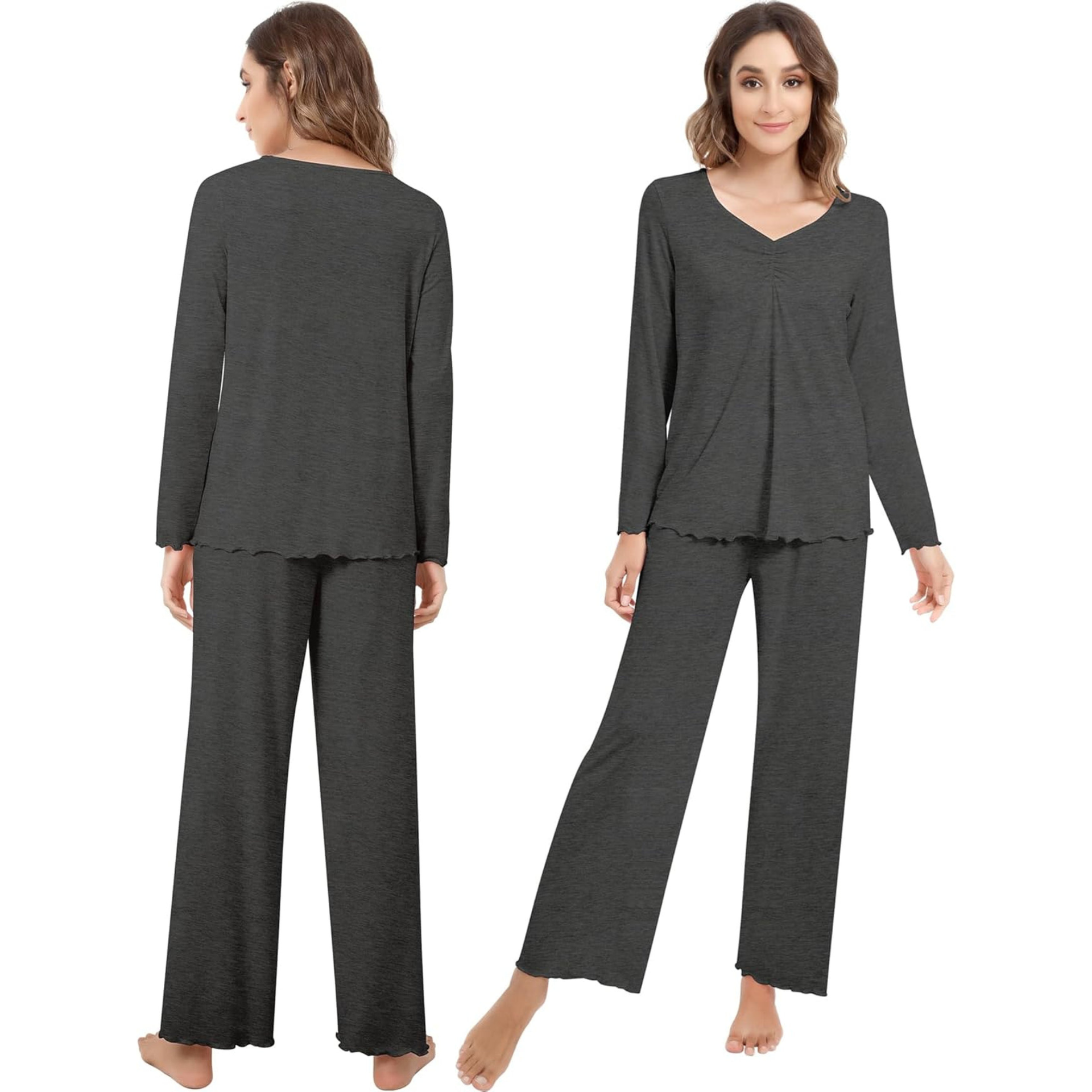 Woman wearing a dark gray pajama set, shown from front and back views on a white background.