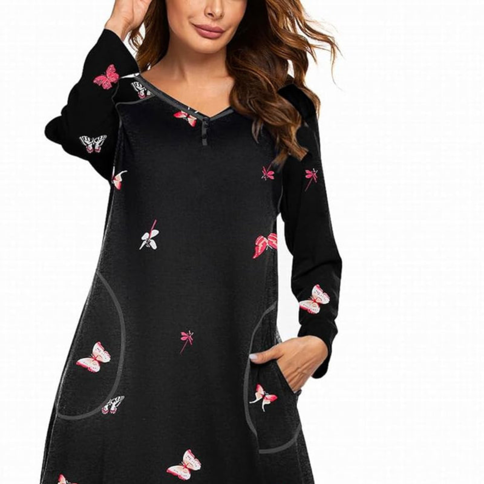 Black dress with butterfly patterns on a white background