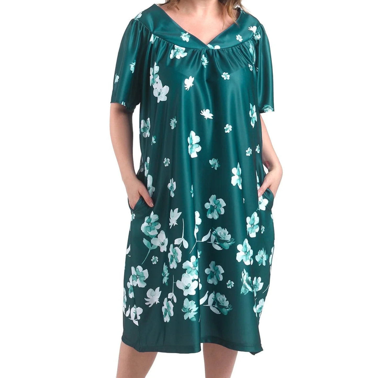Women’s Plus Size Floral Nightgown – Short Sleeve House Dress with Pockets