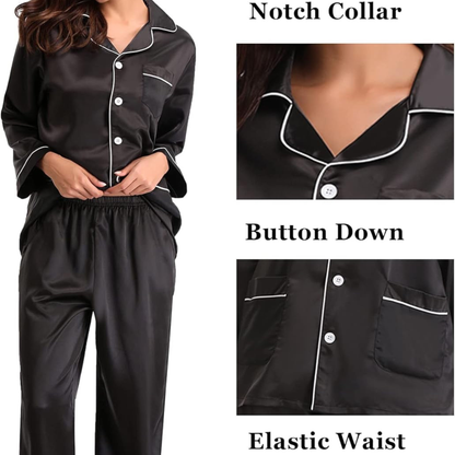Women’s Satin Silk Pajama Set – Long Sleeve Button Down & Pants