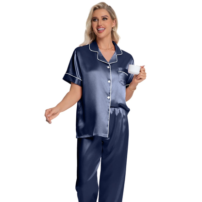 Women’s Silk Satin Pajama Set – Short Sleeve Button Down & Long Pants